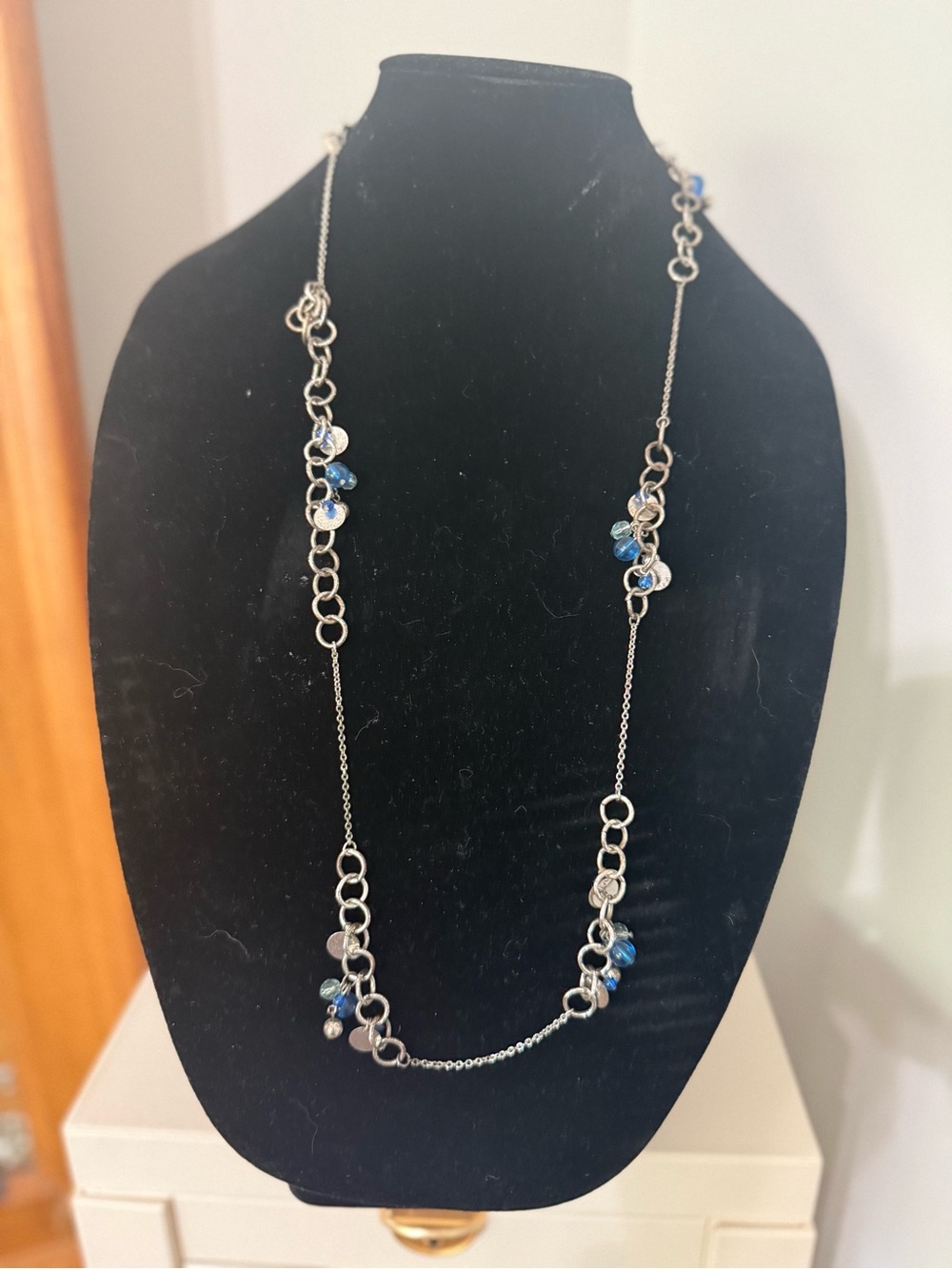 Anne Klein Silver Chain Necklace with Blue Bead Accents - Women Jewelry